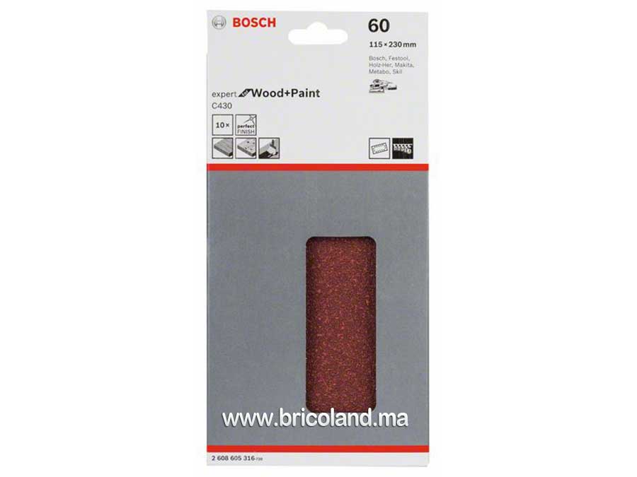 Feuille abrasive 10 pièces 115 x 230 mm G60 Eco pour Bois - Bosch-3719