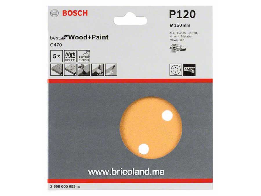 Disque abrasif 5 pièces 150mm G120 Meilleur pour Bois - Bosch-3682