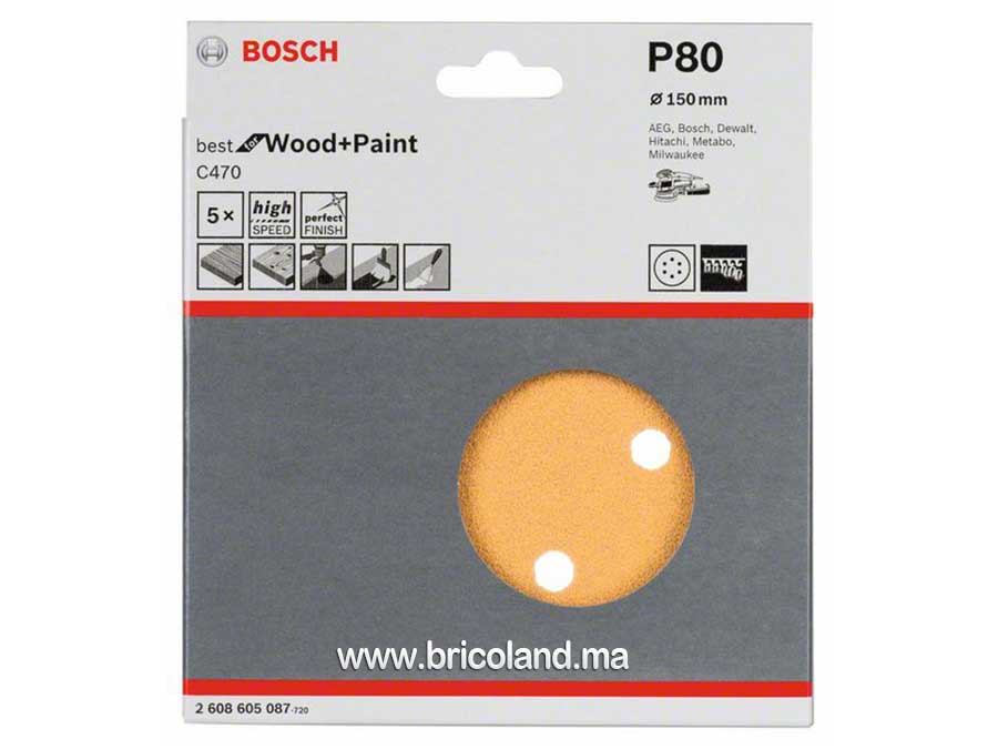 Disque abrasif 5 pièces 150mm G80 Meilleur pour Bois - Bosch-3674
