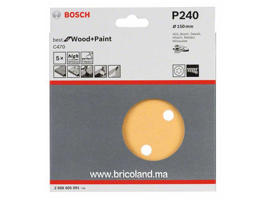 Disque abrasif 5 pièces 150mm G240 Meilleur pour Bois - Bosch-3690