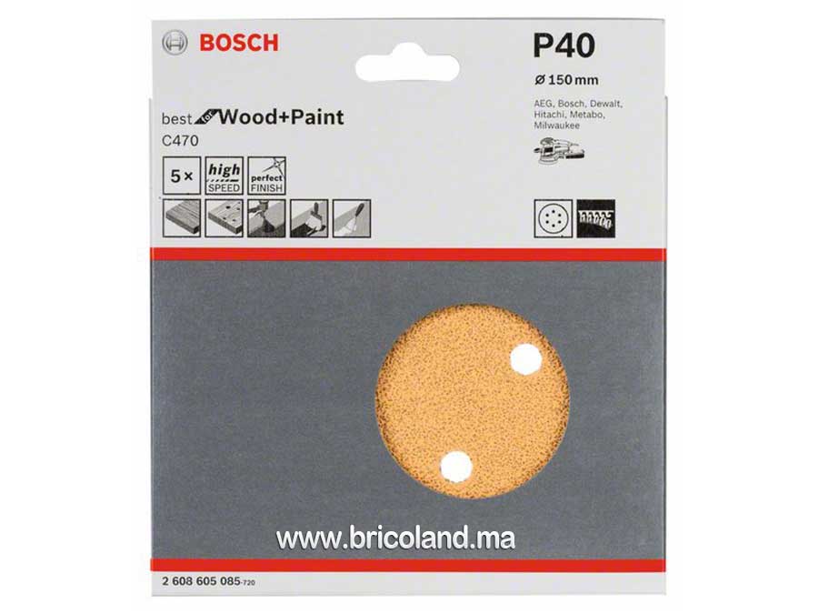 Disque abrasif 5 pièces 150mm G40 Meilleur pour Bois - Bosch-3666