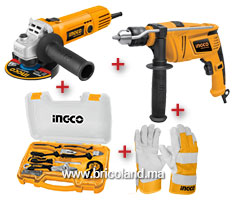 Pack perceuse + meuleuse + coffret à outils + gants - INGCO-thumbnail