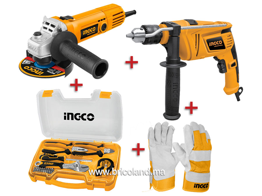 Pack perceuse + meuleuse + coffret à outils + gants - INGCO-0