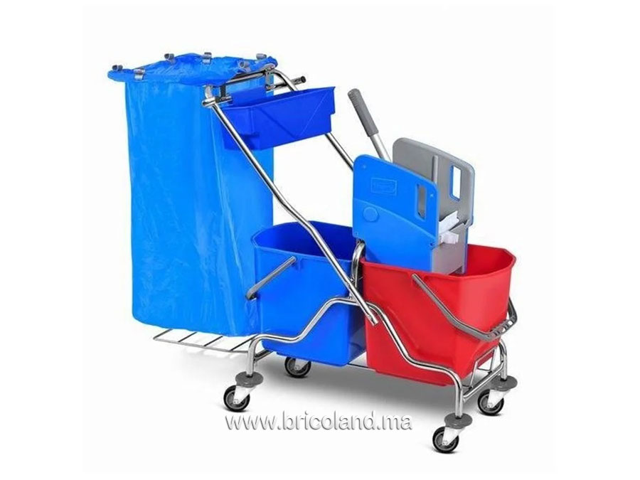 Chariot de ménage chromé double seau avec panier-0