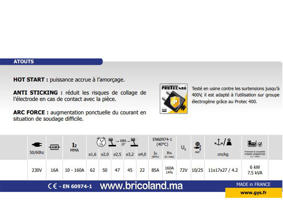 Poste à souder MMA inverter 10 à 160A GYSMI 160P - GYS-15177